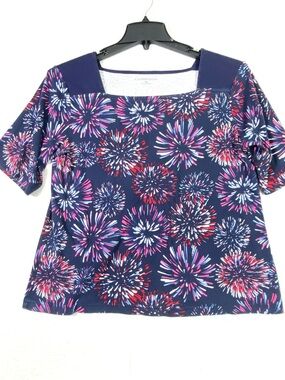 Croft & Barrow Fireworks Top Womens XL Navy Blue Square Neck Americana Patriotic